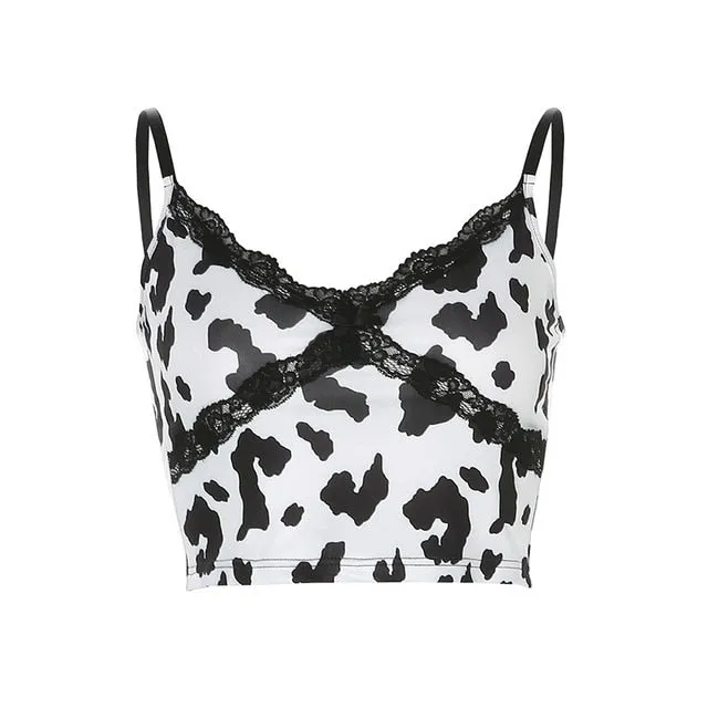 Patchwork Lace Edge Leopard Crop Top Sexy Party Harajuku Slim Rave Sleeveless