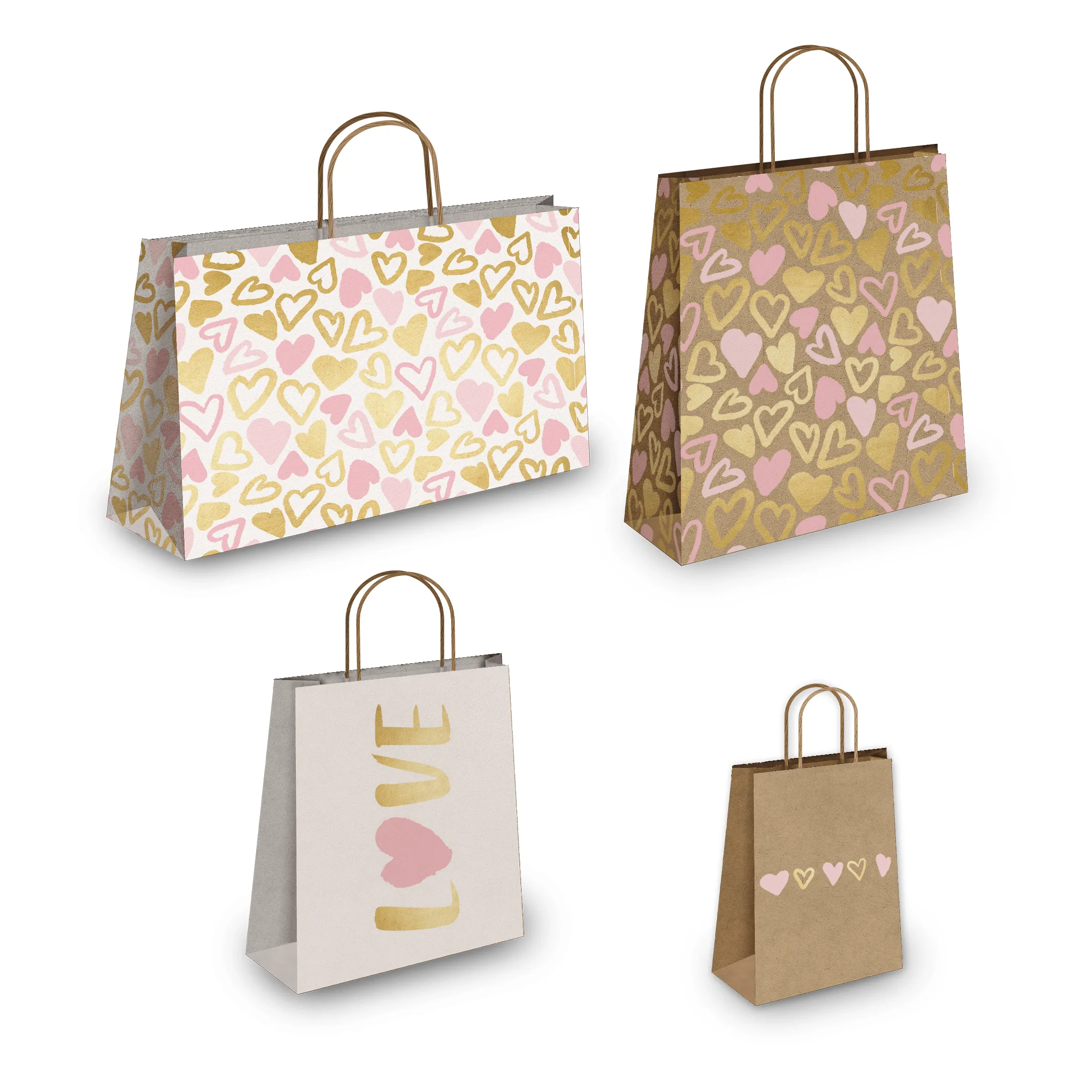 Pink and Gold Hearts Kraft Gift Bags Mixed Size Set