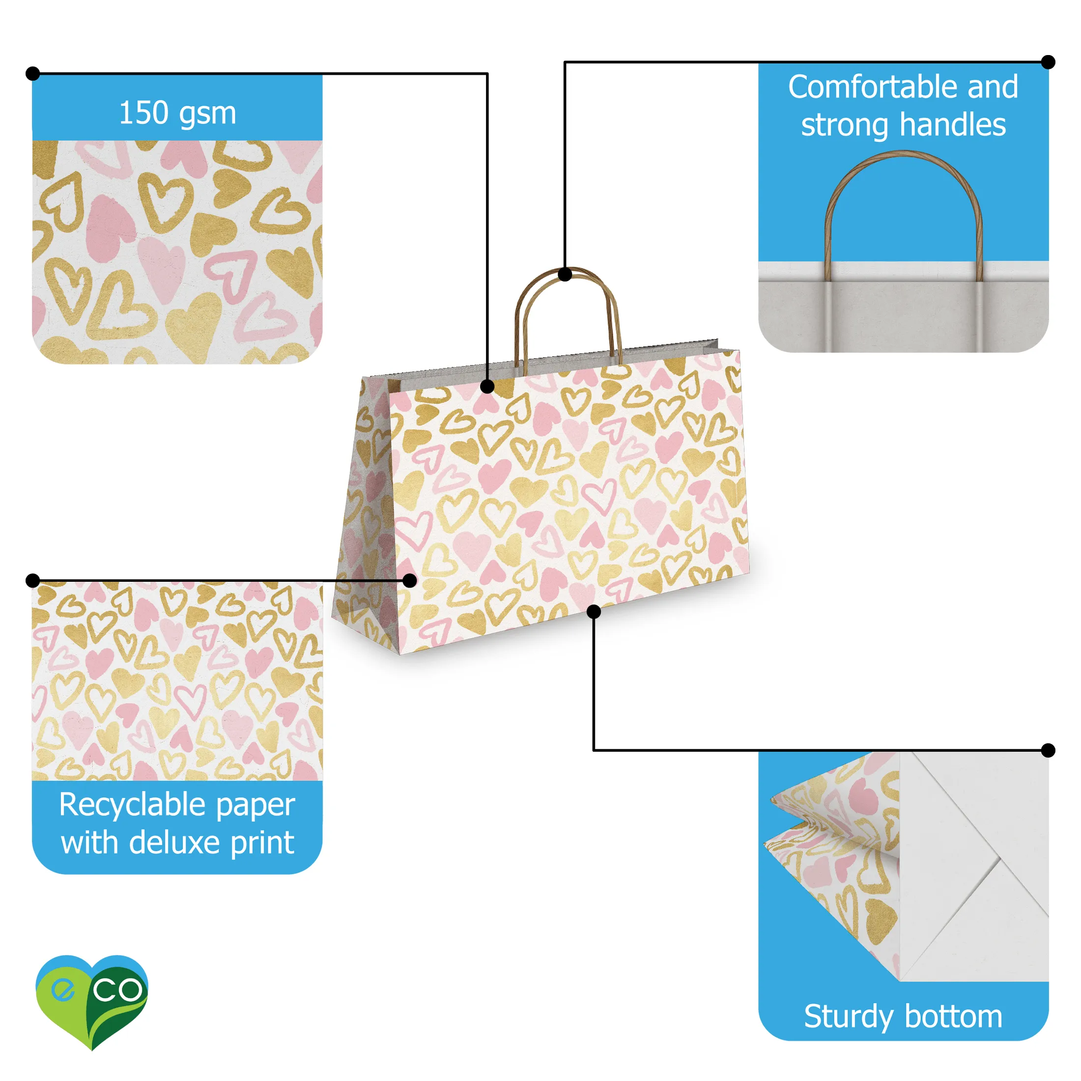 Pink and Gold Hearts Kraft Gift Bags Mixed Size Set