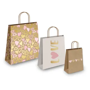 Pink and Gold Hearts Kraft Gift Bags Mixed Size Set