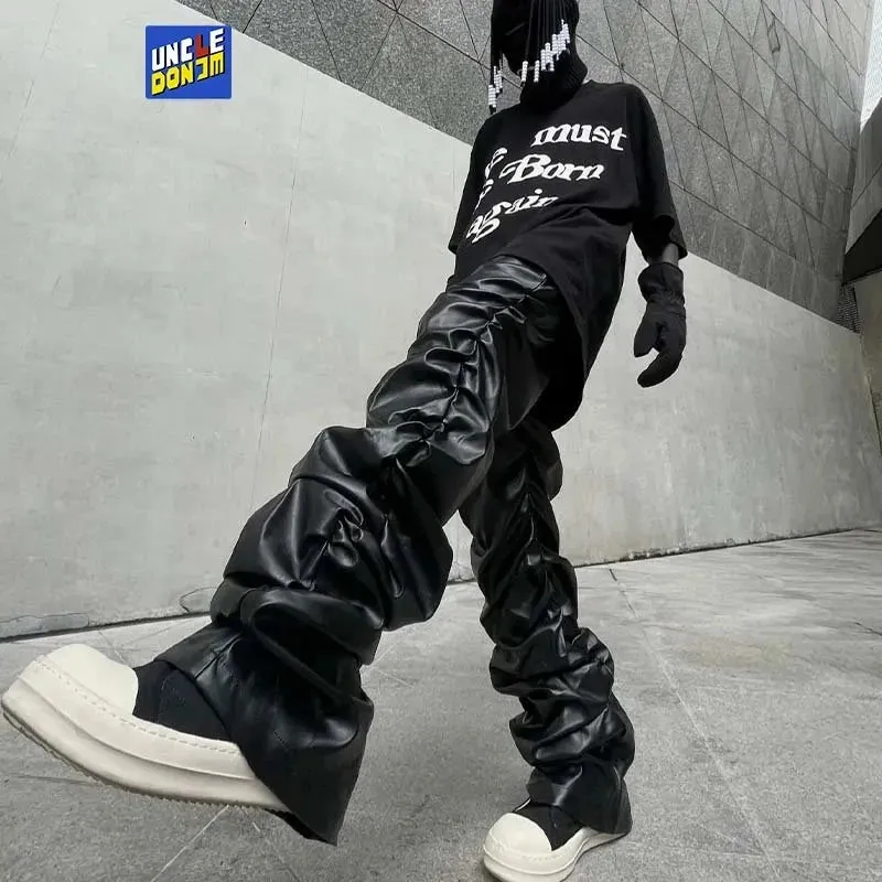 Pleated Leather Pants Men Motorcycle Leather Pants Street Wear