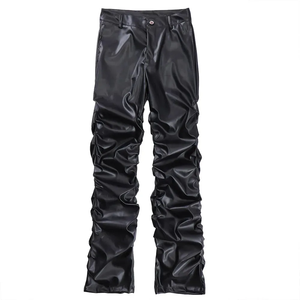 Pleated Leather Pants Men Motorcycle Leather Pants Street Wear