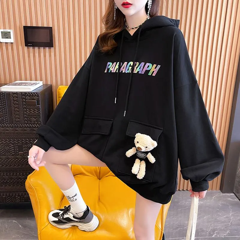 Plus Velvet Thickened Bear Pattern Composite Hooded Letter Hoodie