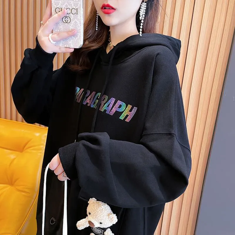 Plus Velvet Thickened Bear Pattern Composite Hooded Letter Hoodie