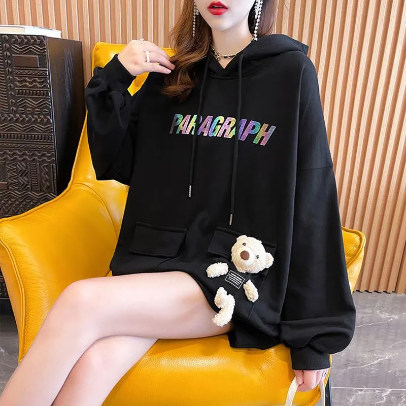 Plus Velvet Thickened Bear Pattern Composite Hooded Letter Hoodie