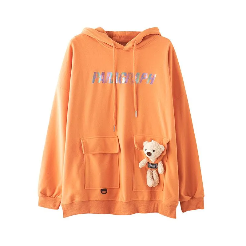 Plus Velvet Thickened Bear Pattern Composite Hooded Letter Hoodie