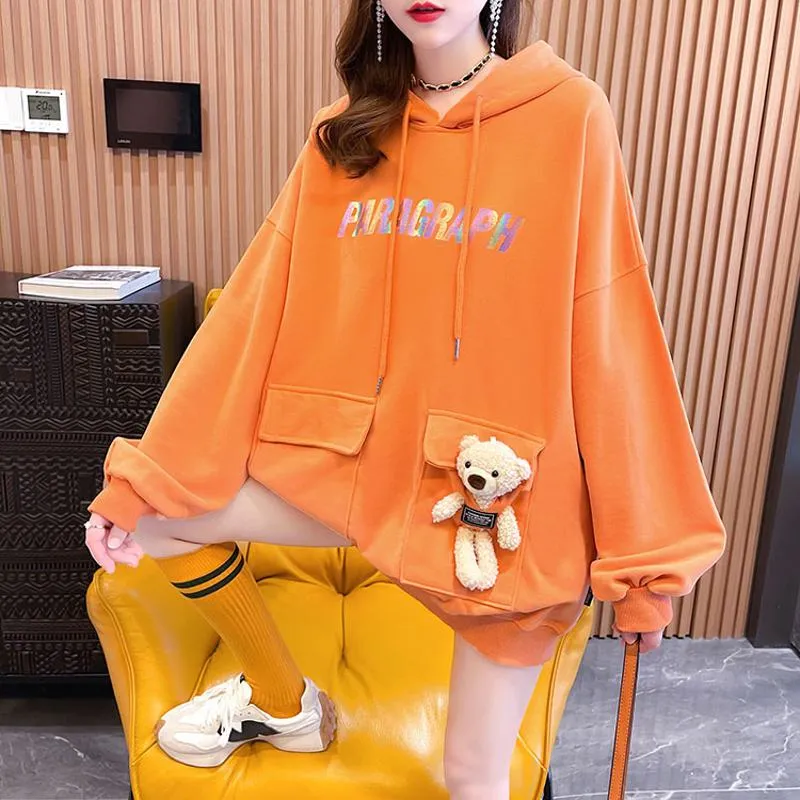 Plus Velvet Thickened Bear Pattern Composite Hooded Letter Hoodie