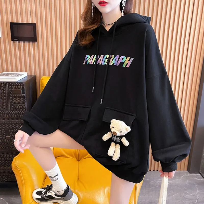 Plus Velvet Thickened Bear Pattern Composite Hooded Letter Hoodie