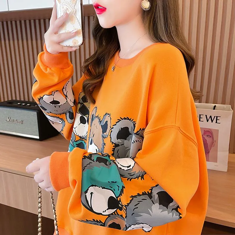 Pullover Thin Cartoon Plus Cotton Print Loose Fit Sweatshirt