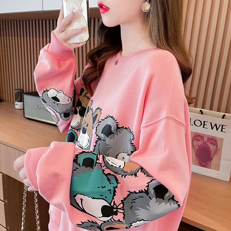 Pullover Thin Cartoon Plus Cotton Print Loose Fit Sweatshirt