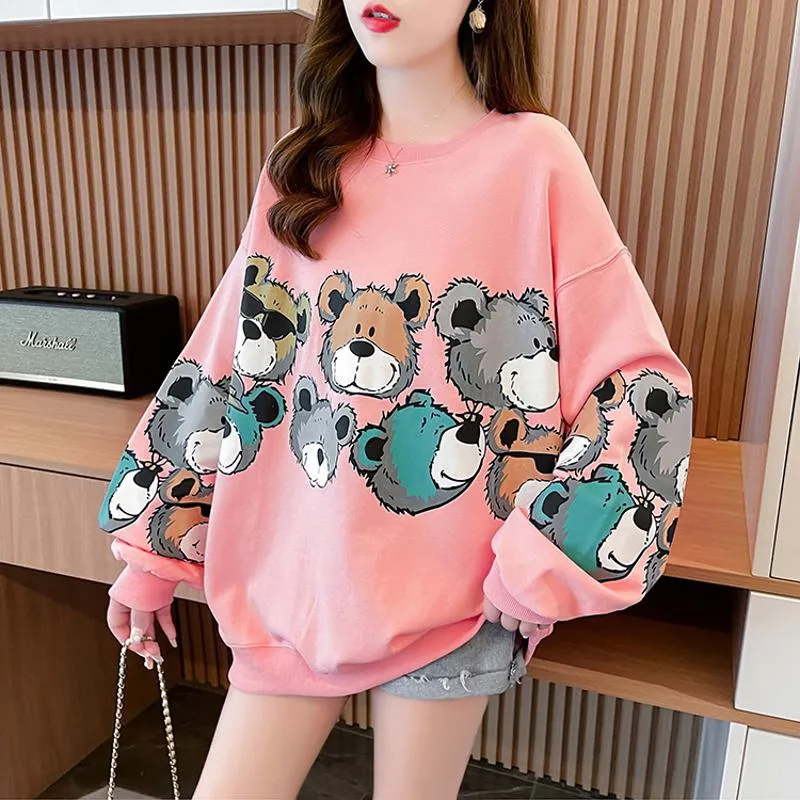 Pullover Thin Cartoon Plus Cotton Print Loose Fit Sweatshirt