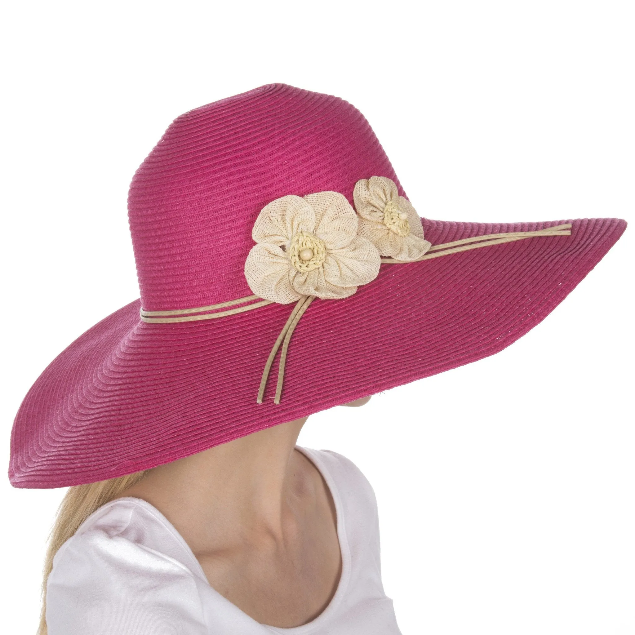 Sakkas Bella UPF 50  100% Paper Straw Flower Accent Wide Brim Floppy Hat