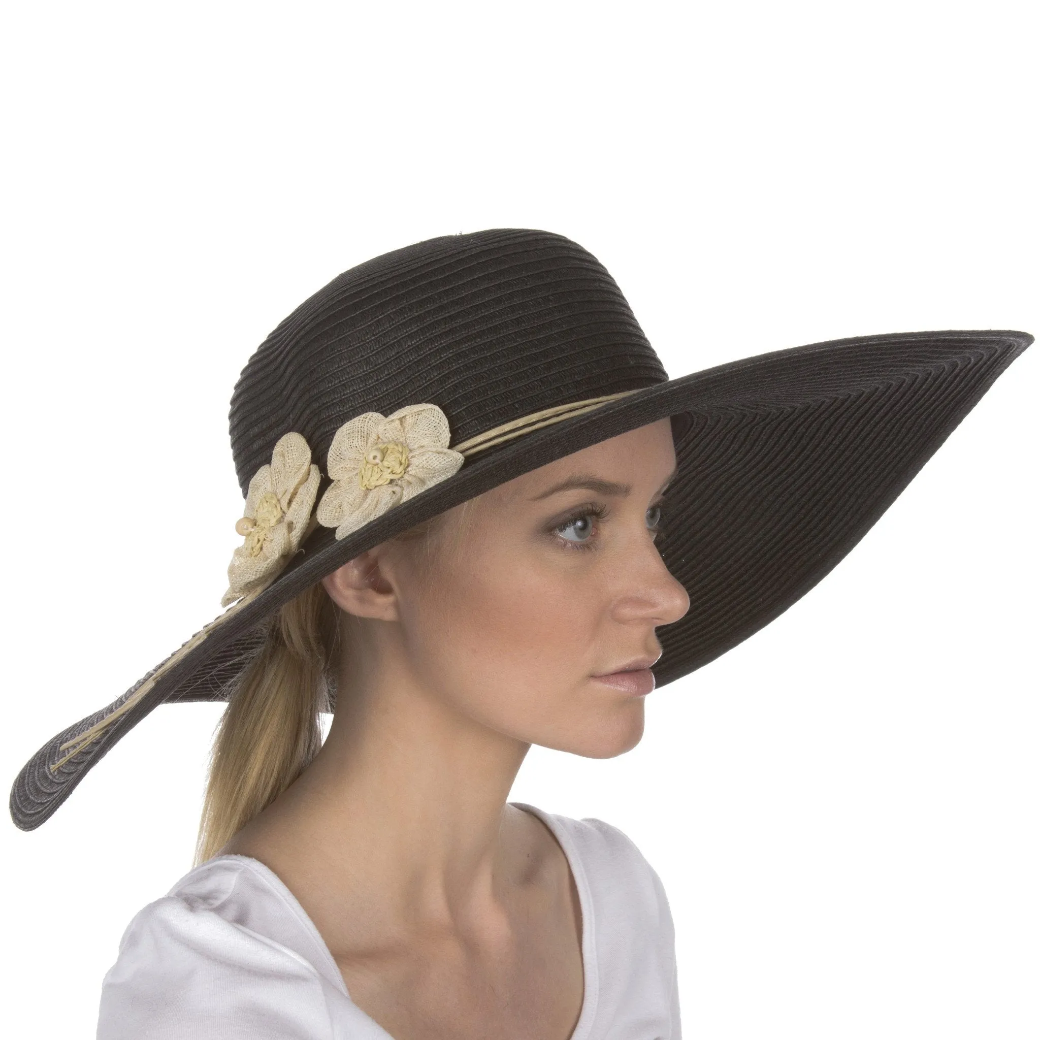 Sakkas Bella UPF 50  100% Paper Straw Flower Accent Wide Brim Floppy Hat