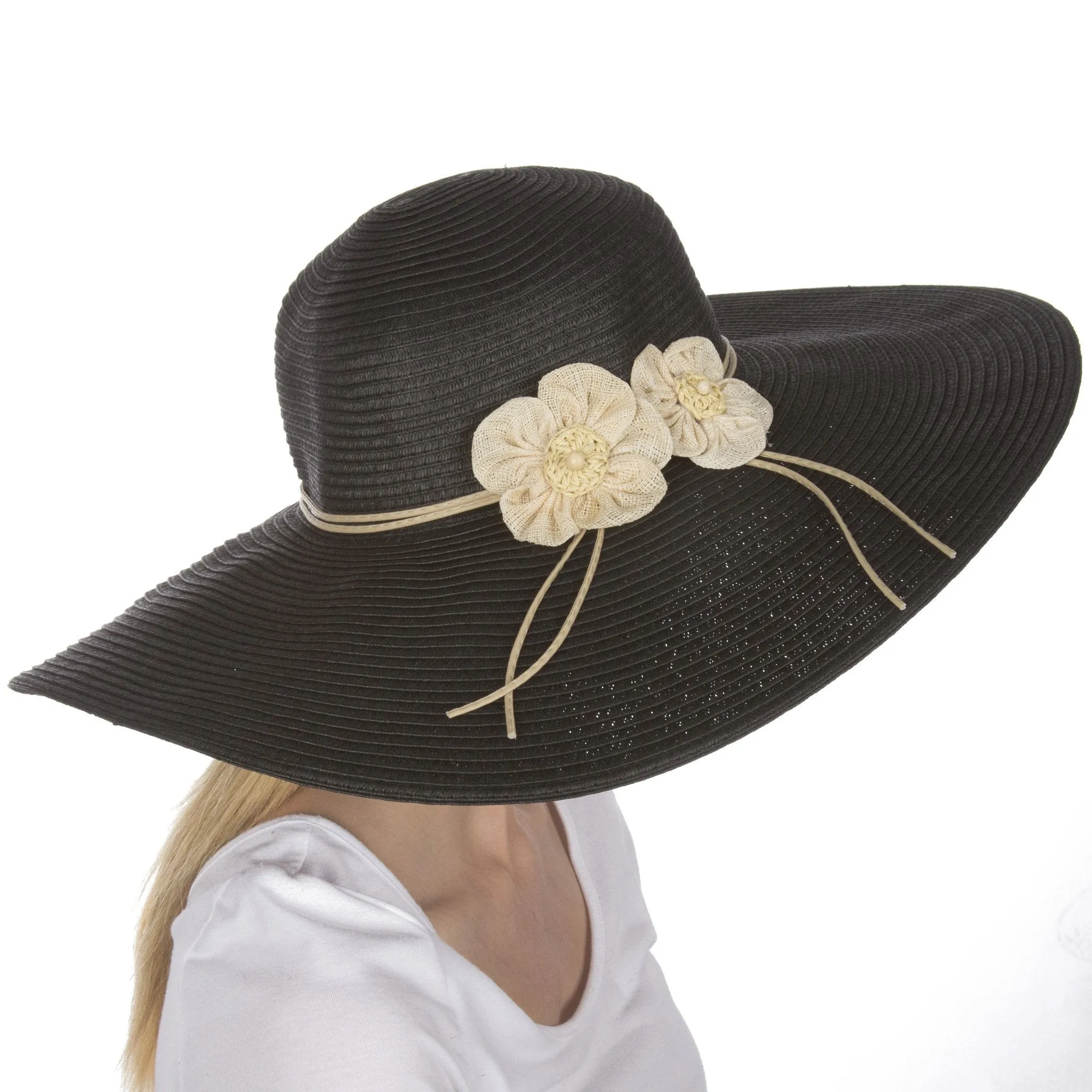 Sakkas Bella UPF 50  100% Paper Straw Flower Accent Wide Brim Floppy Hat