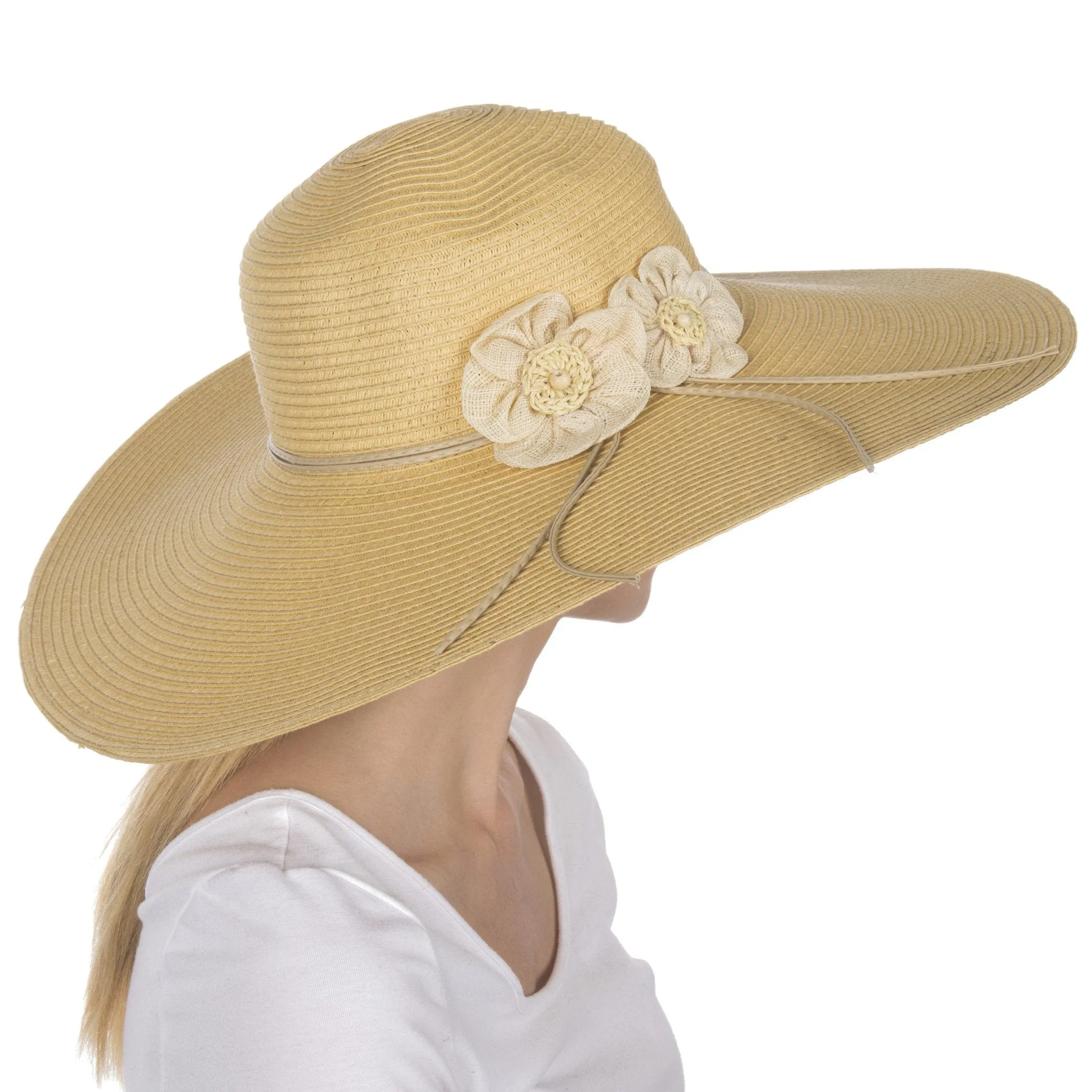 Sakkas Bella UPF 50  100% Paper Straw Flower Accent Wide Brim Floppy Hat