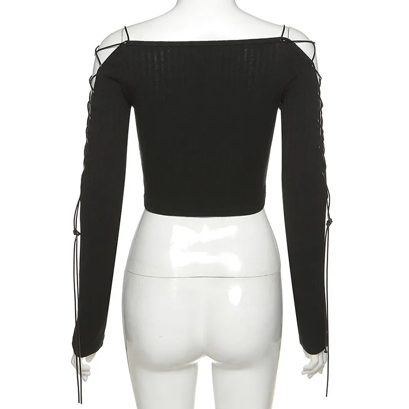 Sexy Bandage Hollow Out Gothic Punk Bodycon Crop Top Long Sleeve