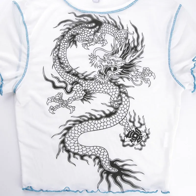 Sexy Mesh Transparent Harajuku Cute Dragon Graphic Short Sleeve Tees