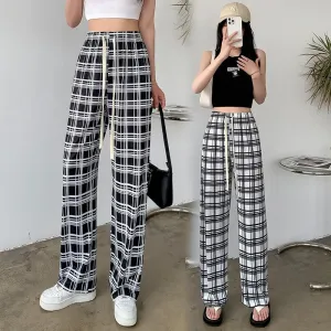 Silky Draping High-Waisted Loose-Fit Slimming Thin Plaid Pants