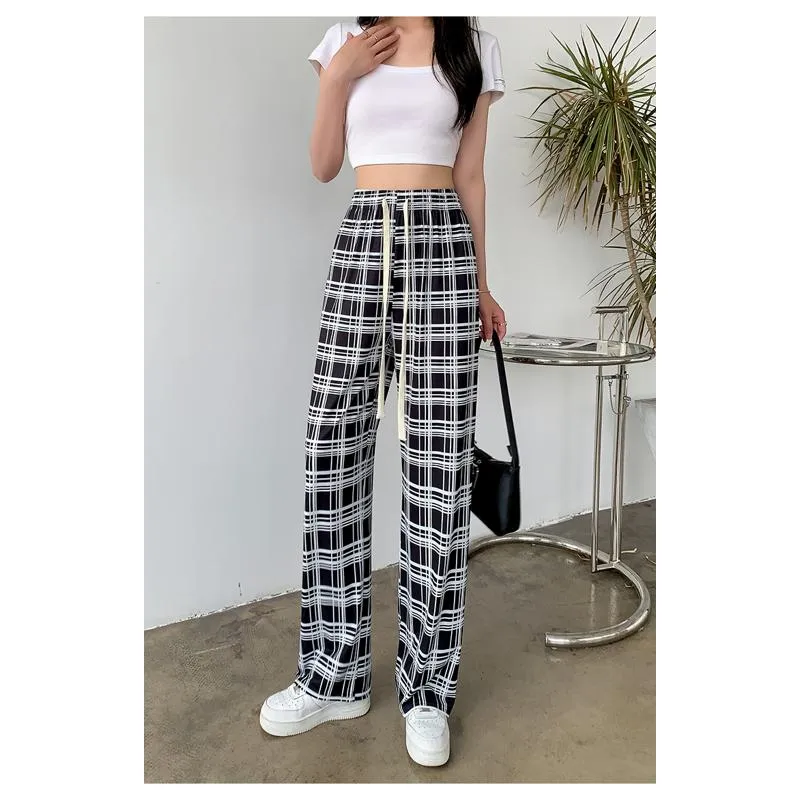 Silky Draping High-Waisted Loose-Fit Slimming Thin Plaid Pants