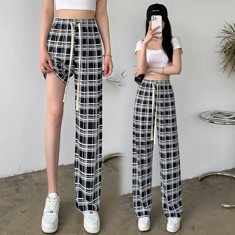 Silky Draping High-Waisted Loose-Fit Slimming Thin Plaid Pants