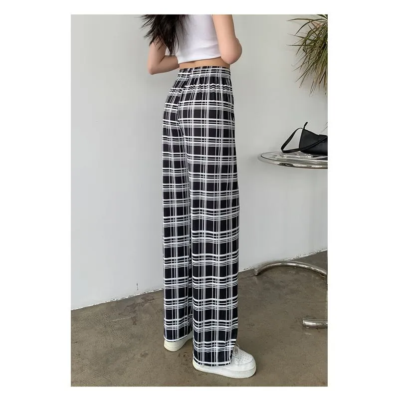 Silky Draping High-Waisted Loose-Fit Slimming Thin Plaid Pants