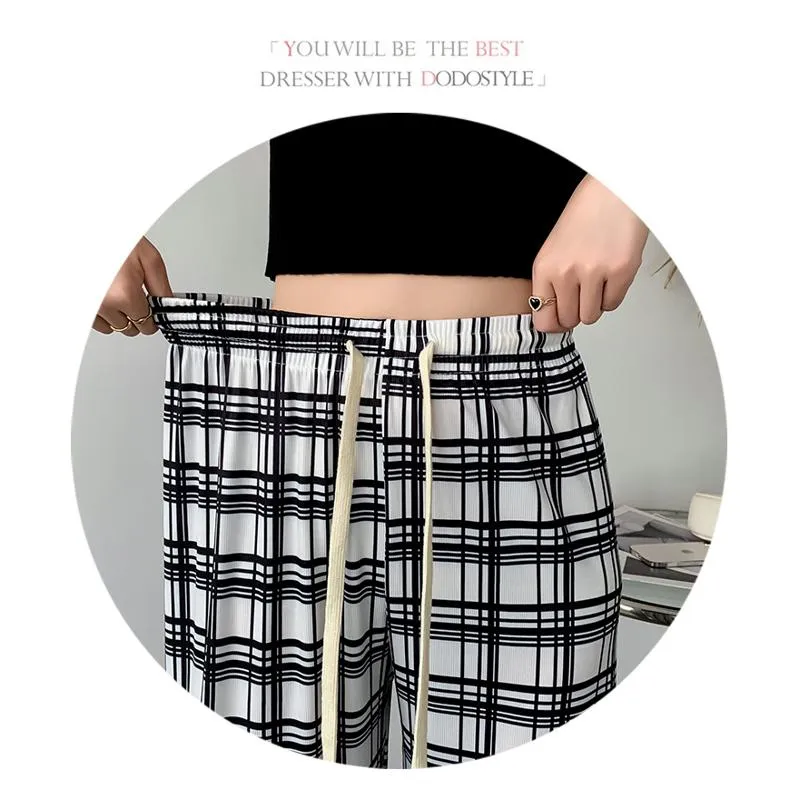 Silky Draping High-Waisted Loose-Fit Slimming Thin Plaid Pants