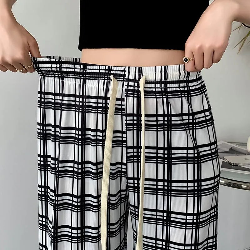 Silky Draping High-Waisted Loose-Fit Slimming Thin Plaid Pants