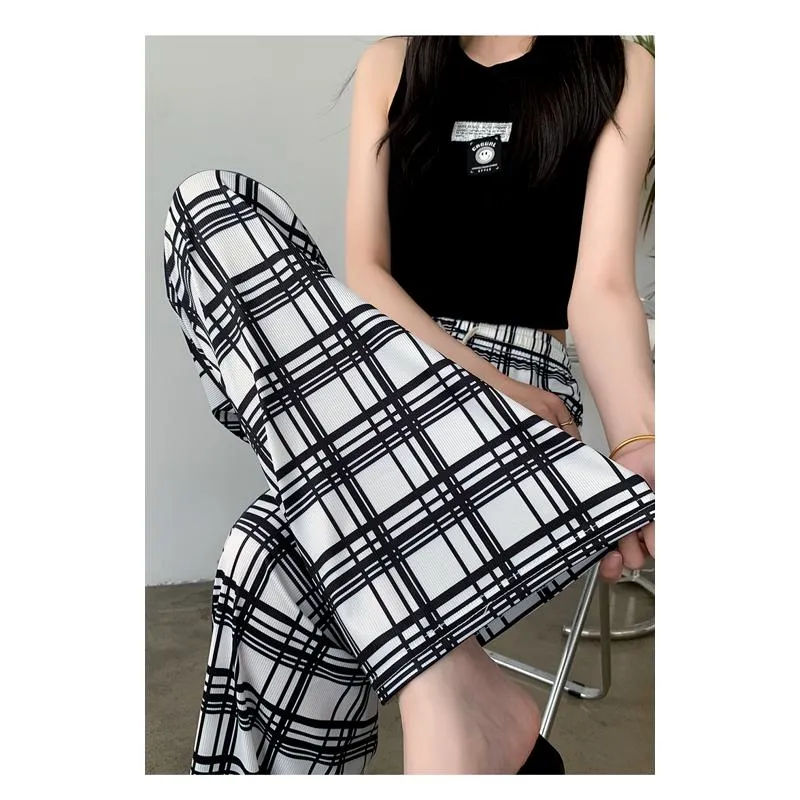 Silky Draping High-Waisted Loose-Fit Slimming Thin Plaid Pants