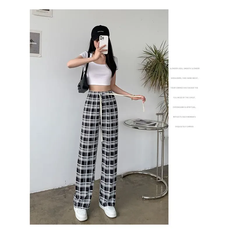 Silky Draping High-Waisted Loose-Fit Slimming Thin Plaid Pants