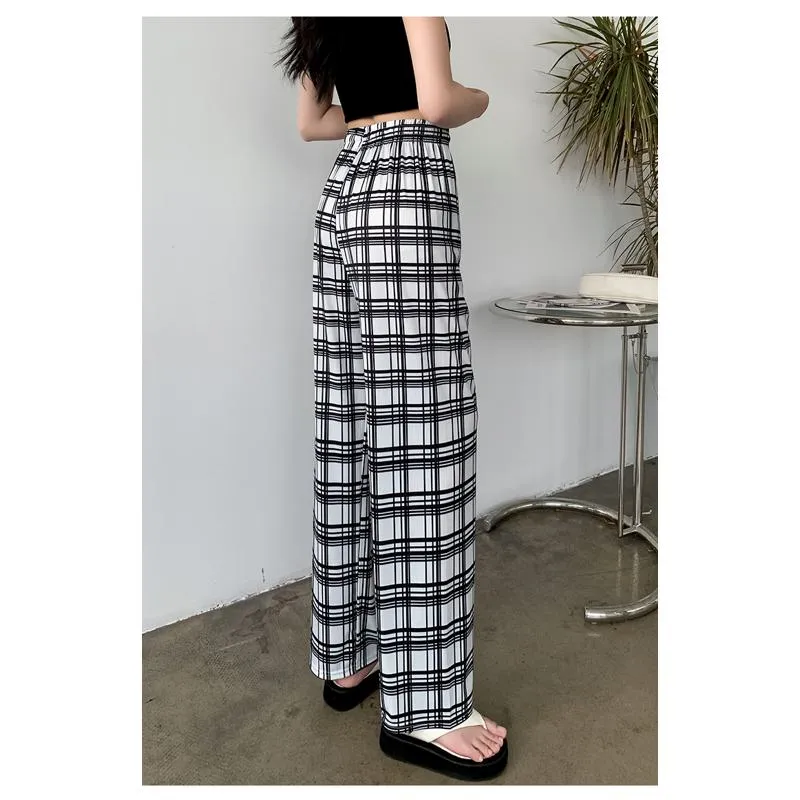 Silky Draping High-Waisted Loose-Fit Slimming Thin Plaid Pants