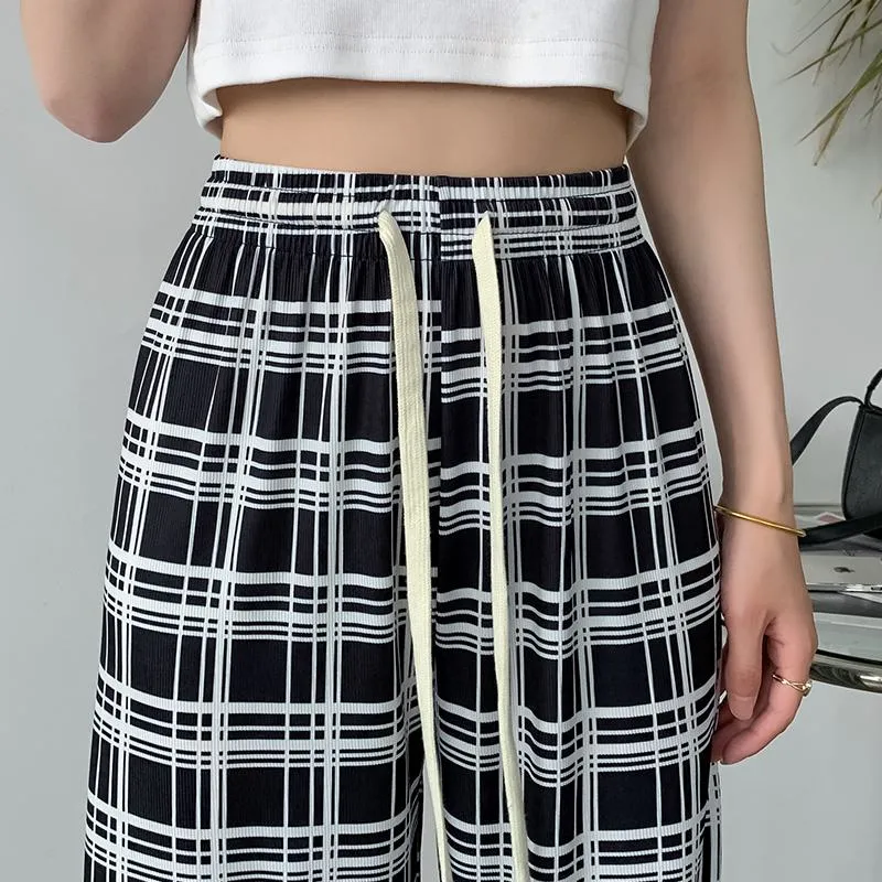 Silky Draping High-Waisted Loose-Fit Slimming Thin Plaid Pants