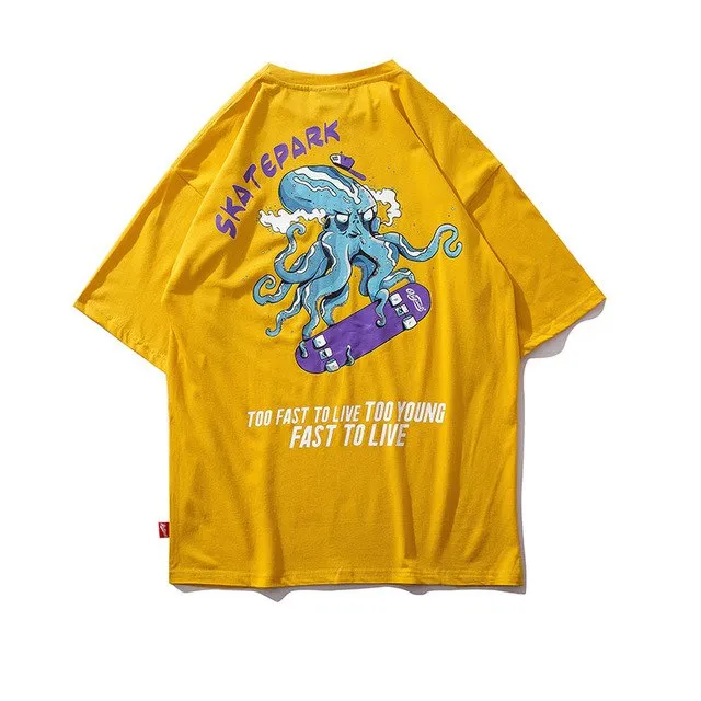 Skating Octopus Printed Hip Hop Streetwear Loose Tees