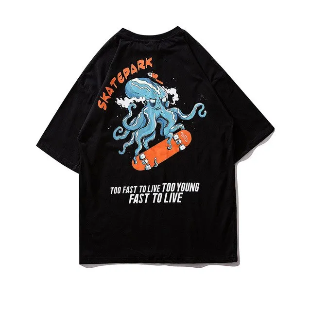 Skating Octopus Printed Hip Hop Streetwear Loose Tees