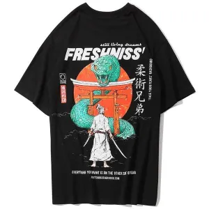 Snake Samurai Shrine Printed Hip Hop Streetwear Loose Tees