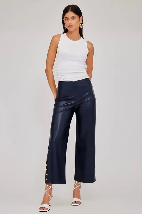 SOFT FAUX LEATHER BUTTON HEM PANT - NAVY