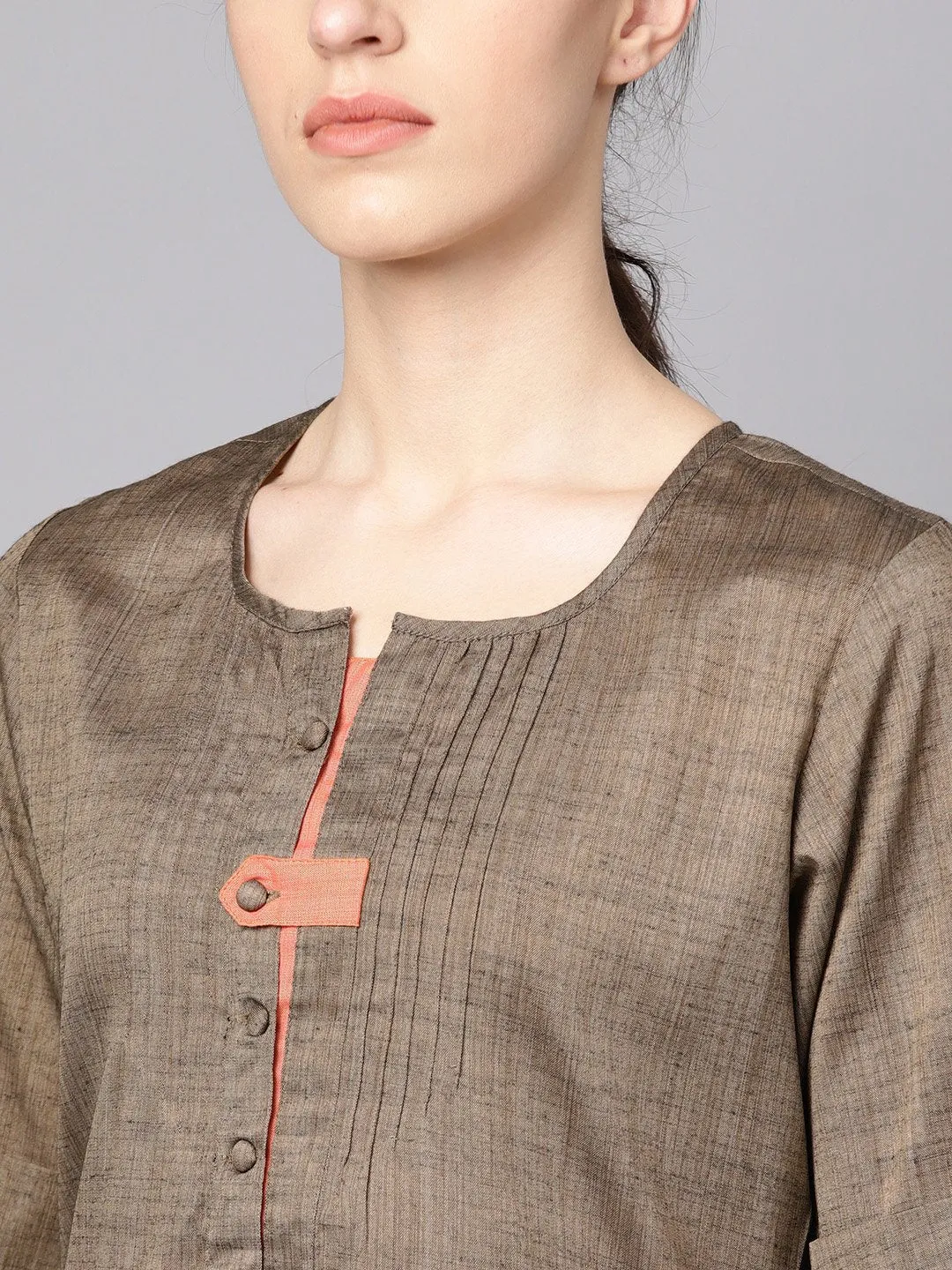 Solid Brown Half Sleeve Cotton Kurta With Solid Peach Pants