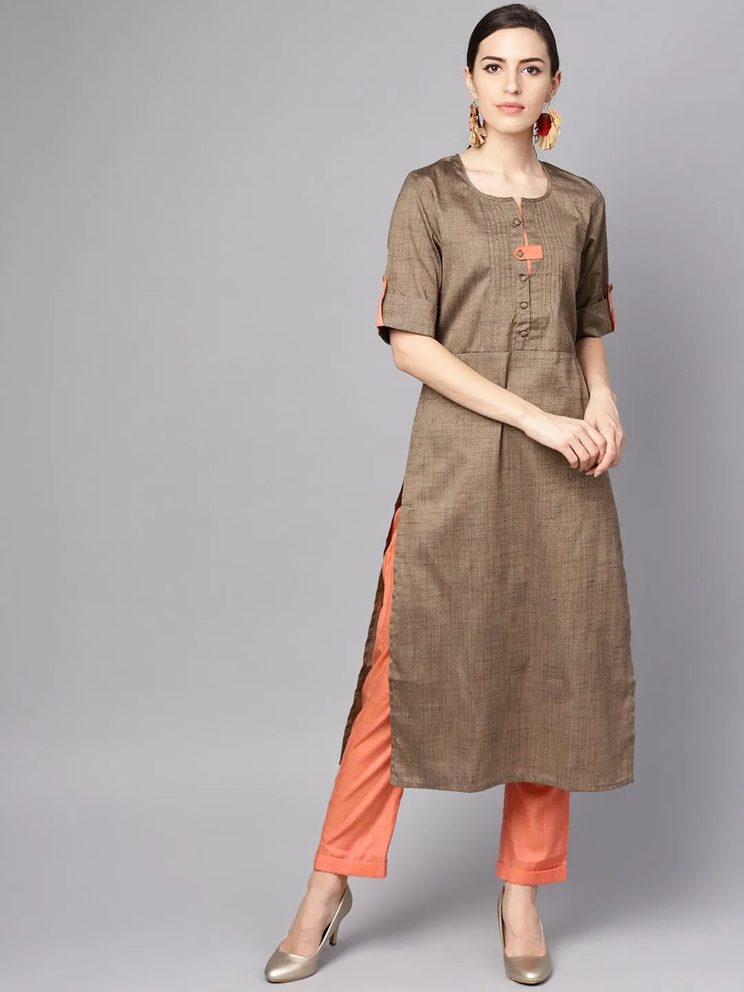 Solid Brown Half Sleeve Cotton Kurta With Solid Peach Pants