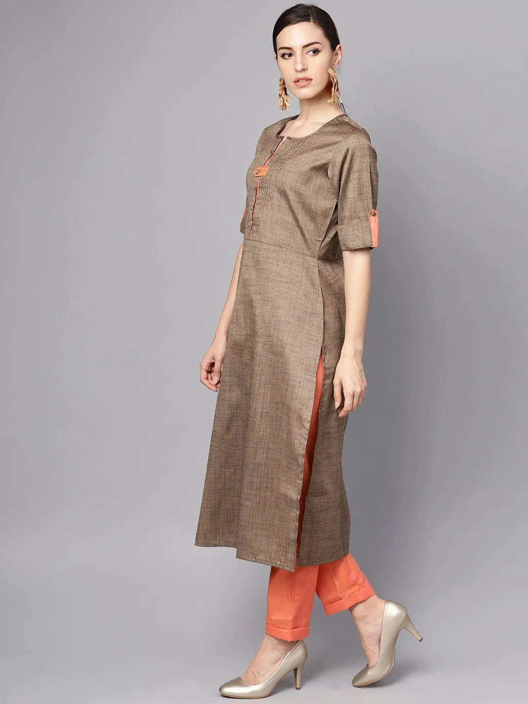 Solid Brown Half Sleeve Cotton Kurta With Solid Peach Pants