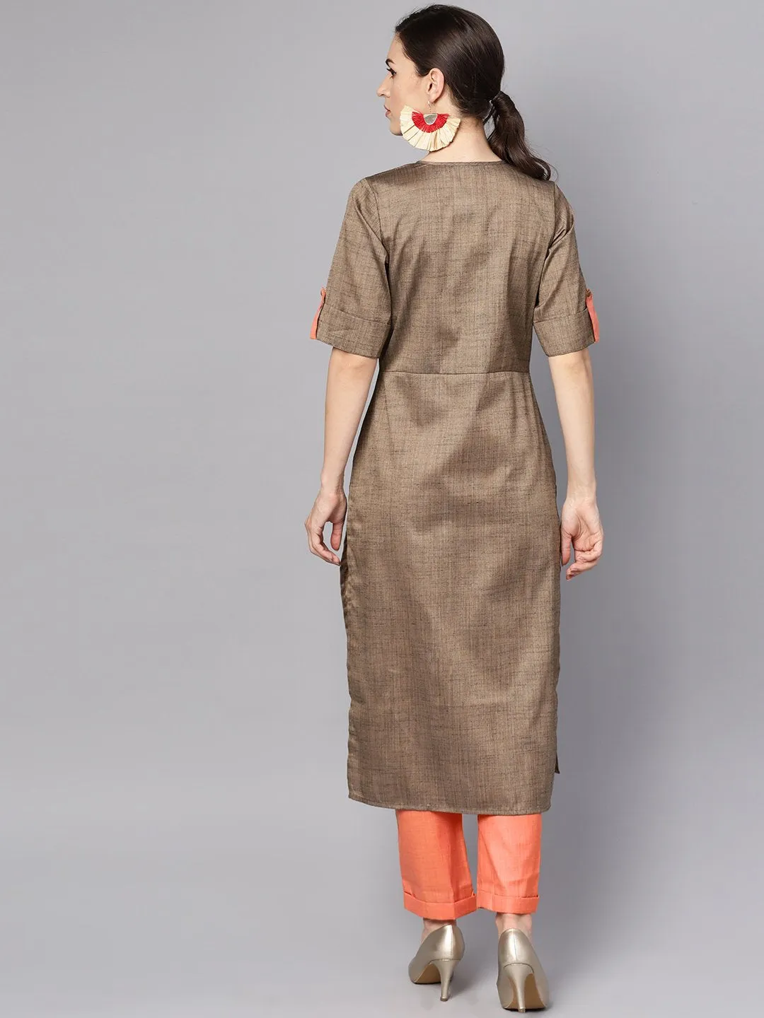 Solid Brown Half Sleeve Cotton Kurta With Solid Peach Pants