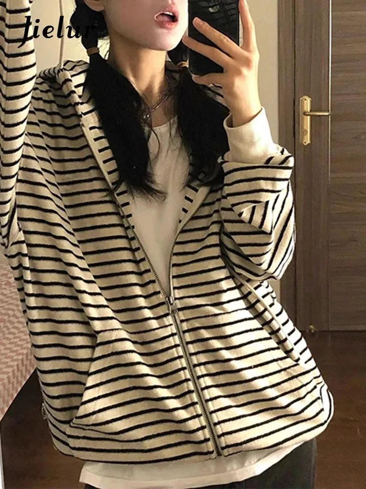 Spell Color Striped Chic Drawstring Loose Female Hoodies Autumn Basic Simple Casual O-neck Fashion Zipper Women Hoodies