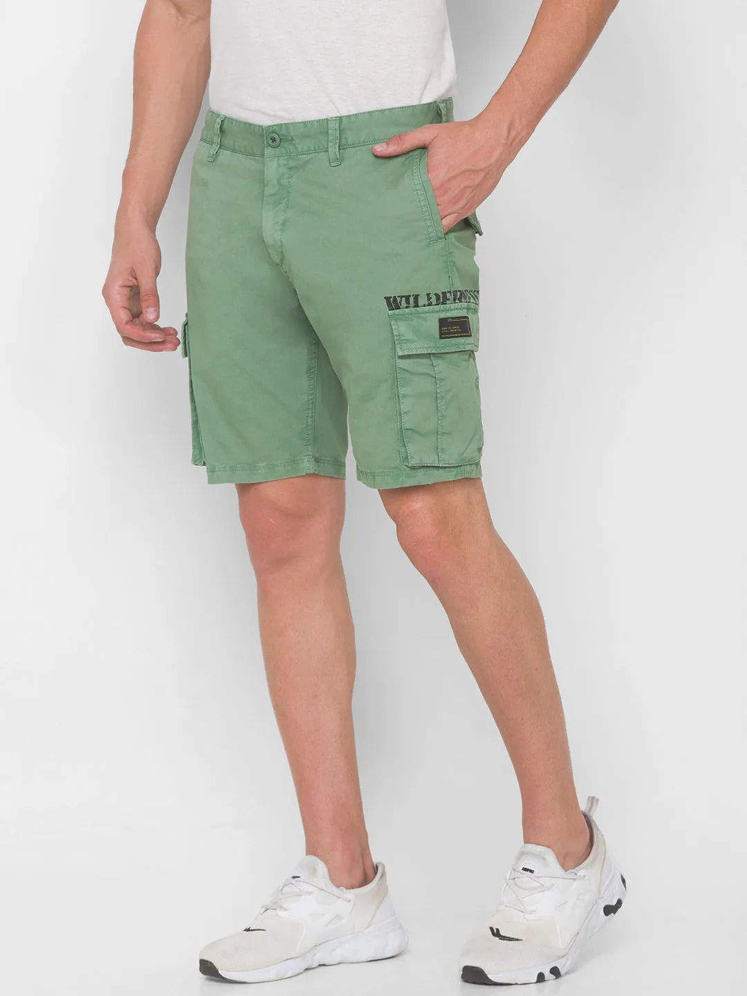 Spykar Men Sage Green Solid Relaxed Mid-Rise Shorts (Relaxed)