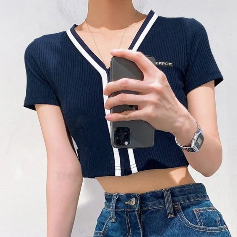 Striped Contrast Color Cardigan Summer Crop Top Zipper V Neck Short Sleeve Tees