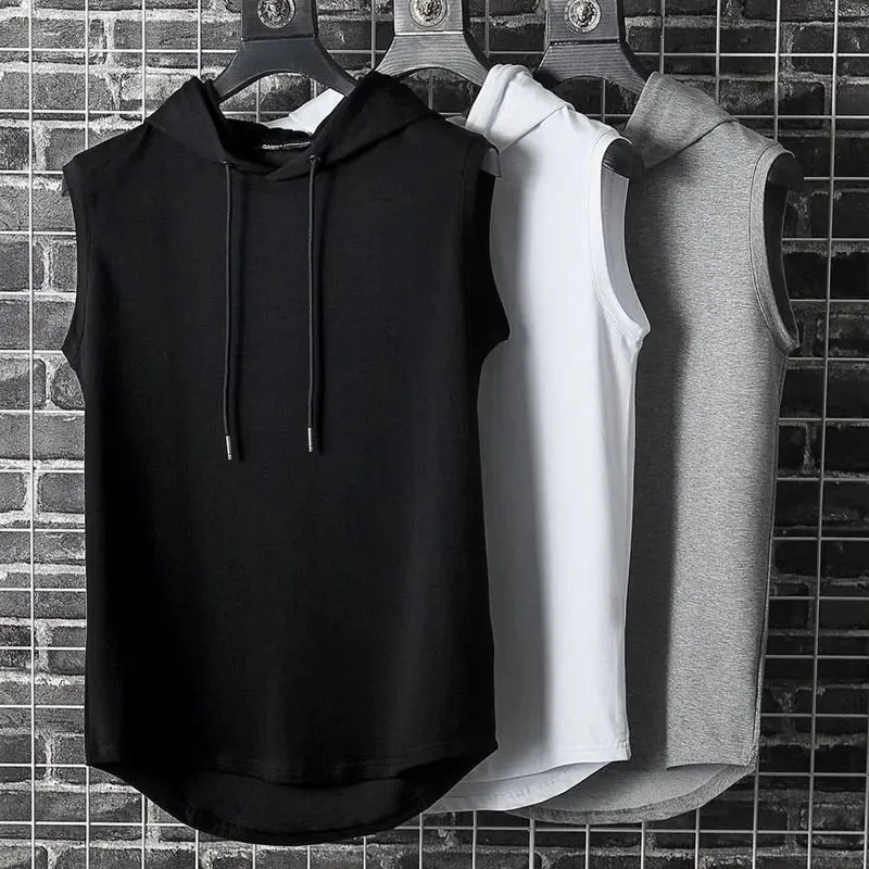 Summer Mens Muscle Hoodie Vest Sleeveless Bodybuilding Gym Workout Fitness Shirt High Quality Vest Hip Hop Sweatshirt Men's Tops