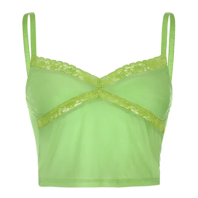 Summer Patchwork Lace Edge Green Mesh Tank Top Sexy Party Clubwear V Neck Rave Crop Top Sleeveless