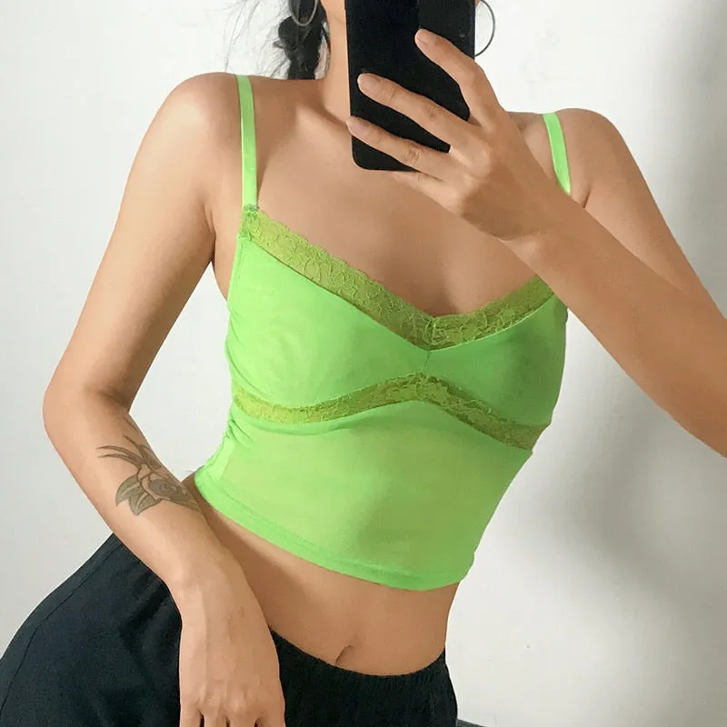 Summer Patchwork Lace Edge Green Mesh Tank Top Sexy Party Clubwear V Neck Rave Crop Top Sleeveless