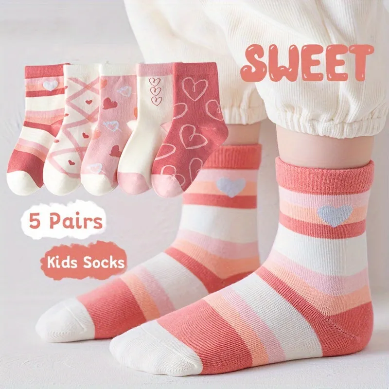 Sweet Hearts  Stripes Crew Socks  5 Pairs for Girls