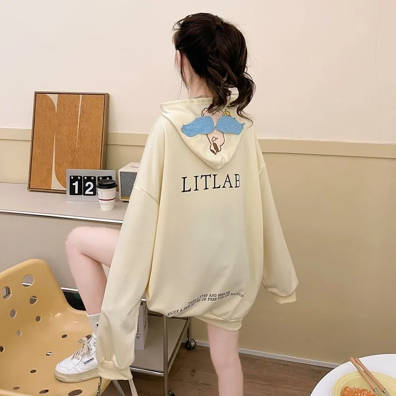 Thin Cartoon Twill Embroidery Plus Midi Hoodie