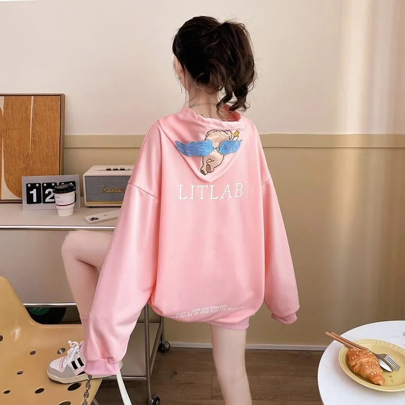 Thin Cartoon Twill Embroidery Plus Midi Hoodie