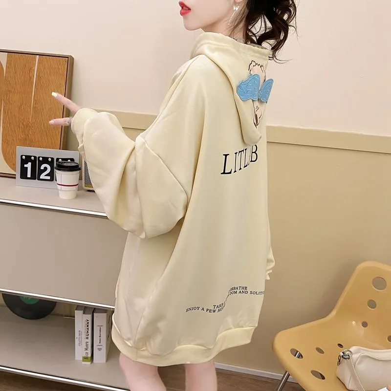 Thin Cartoon Twill Embroidery Plus Midi Hoodie