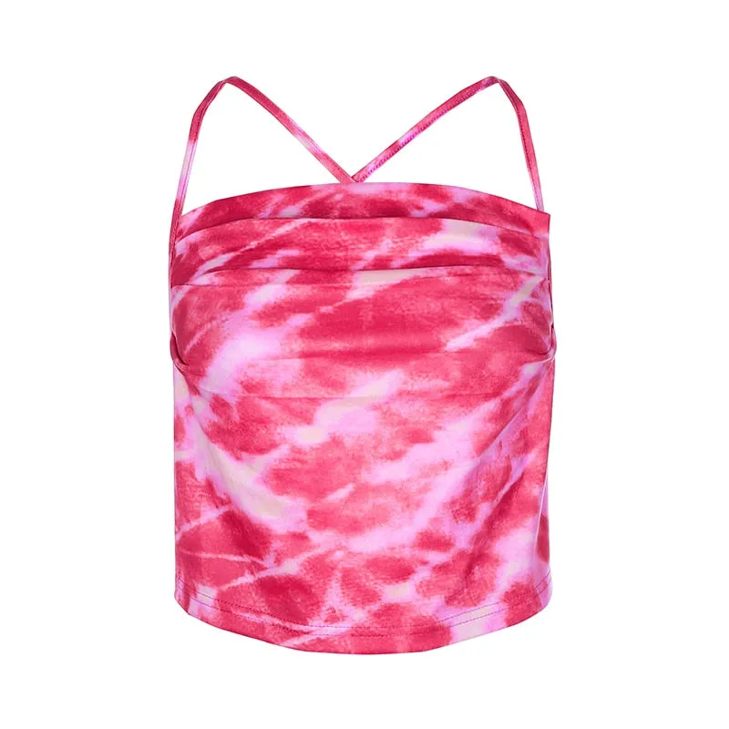 Tie Dye Ruched Summer Backless Slim Sexy Party Clubwear Crop Top Sleeveless